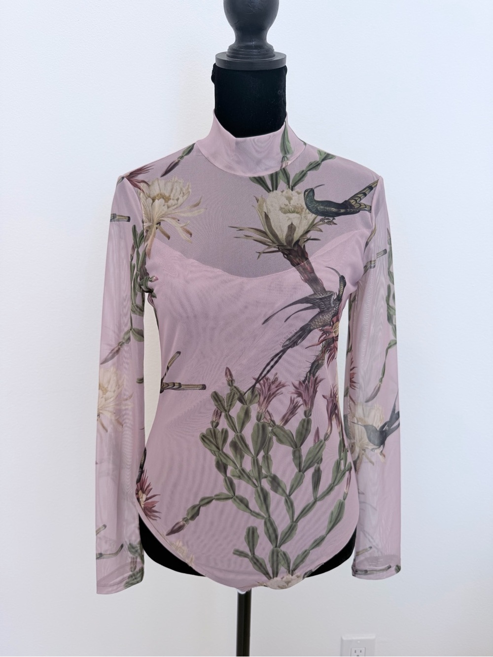 AllSaints Pink Sheer Floral & Bird Mock Neck Long Sleeve Bodysuit - Picture 3 of 14